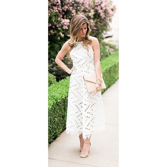Line & Dot Dresses & Skirts - Line + Dot White High Neckline Eyelet Midi Dress, Small